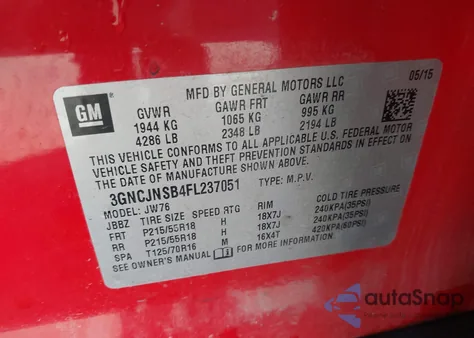 2015 Chevrolet Trax Ltz z USA, uszkodzony, nr VIN 3GNCJNSB4FL237051